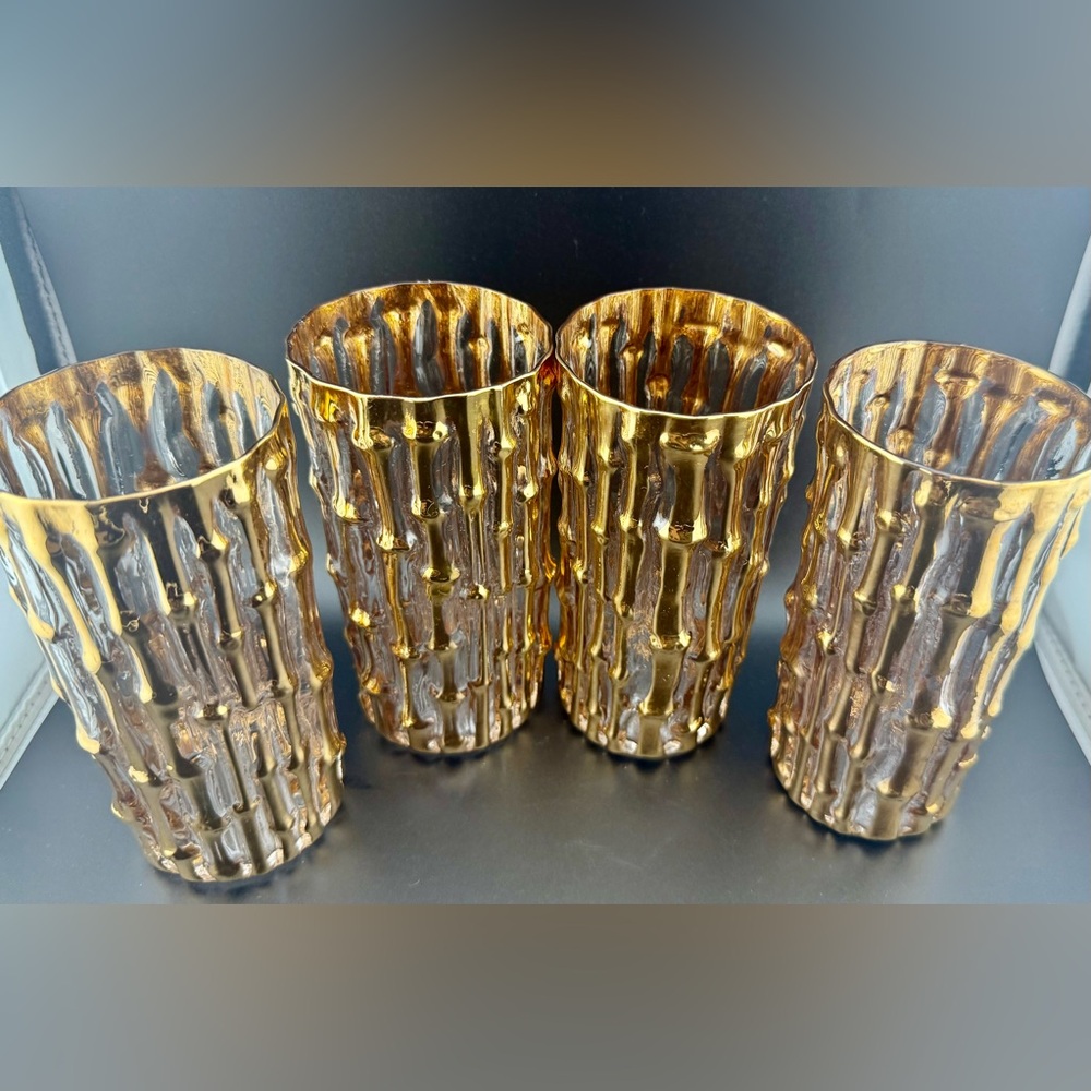 4 Imperial Glass. “Bambu Gold” 14oz raised 24kt gold. Highball - Picture 5 of 15